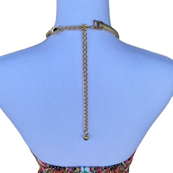 Eliza J Floral Striped Halter Maxi Dress Size 4 Bright Gold Chain Neckline GUC - Picture 8 of 14